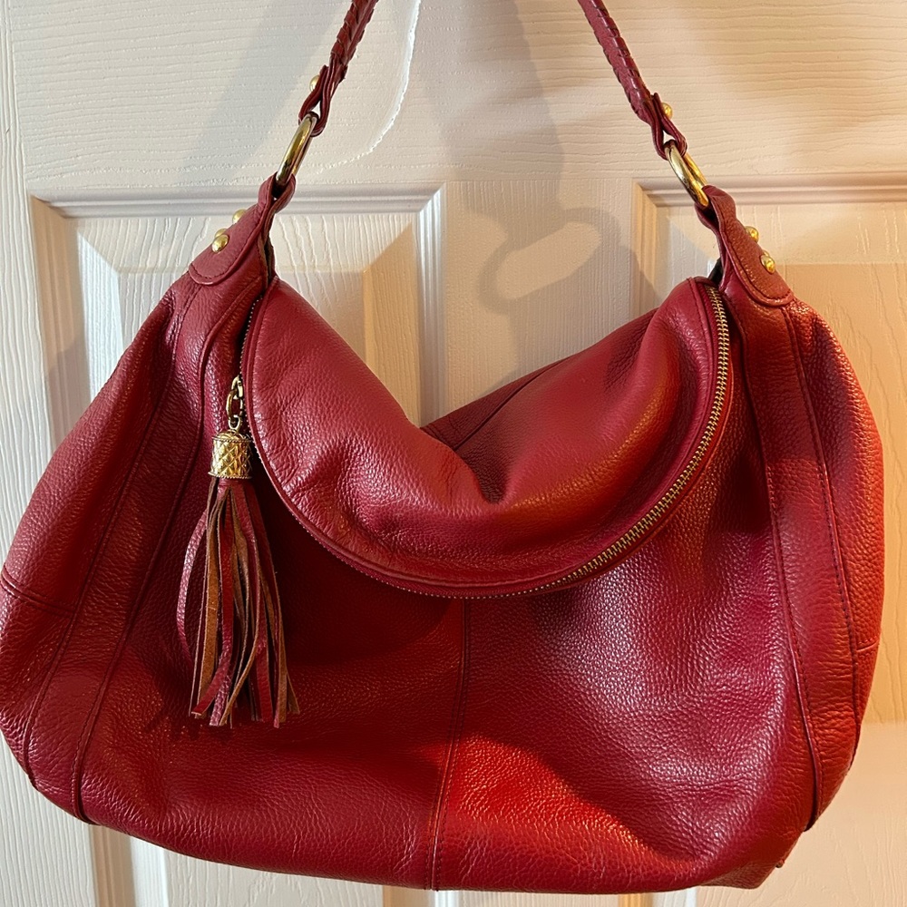 Red leather tassel purse